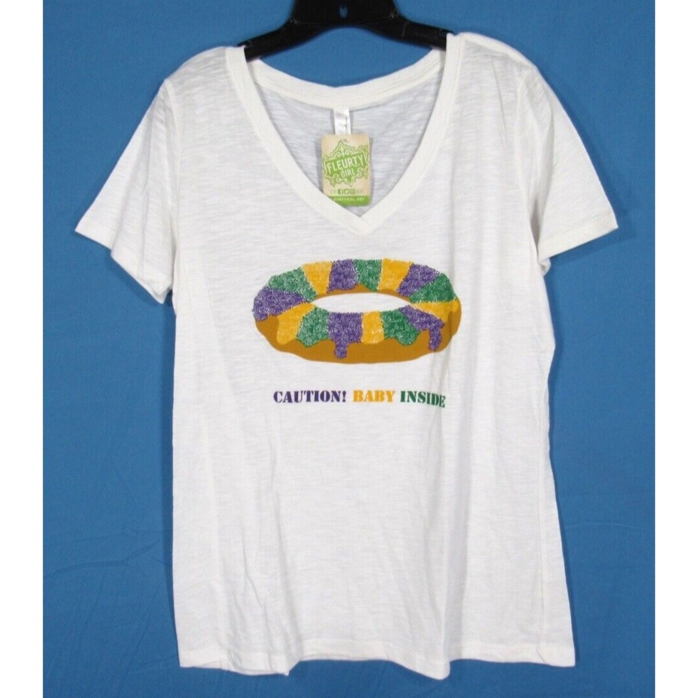 Nwt CAUTION! BABY INSIDE Mardi Gras King Cake PREGNANCY ANNOUNCEMENT T-Shirt XXL